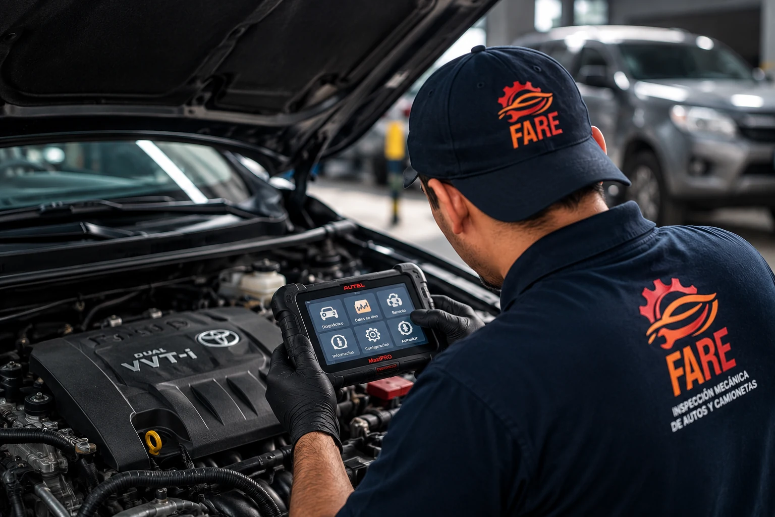 Inspección de un motor con equipo de diagnóstico y vestimenta de FARE